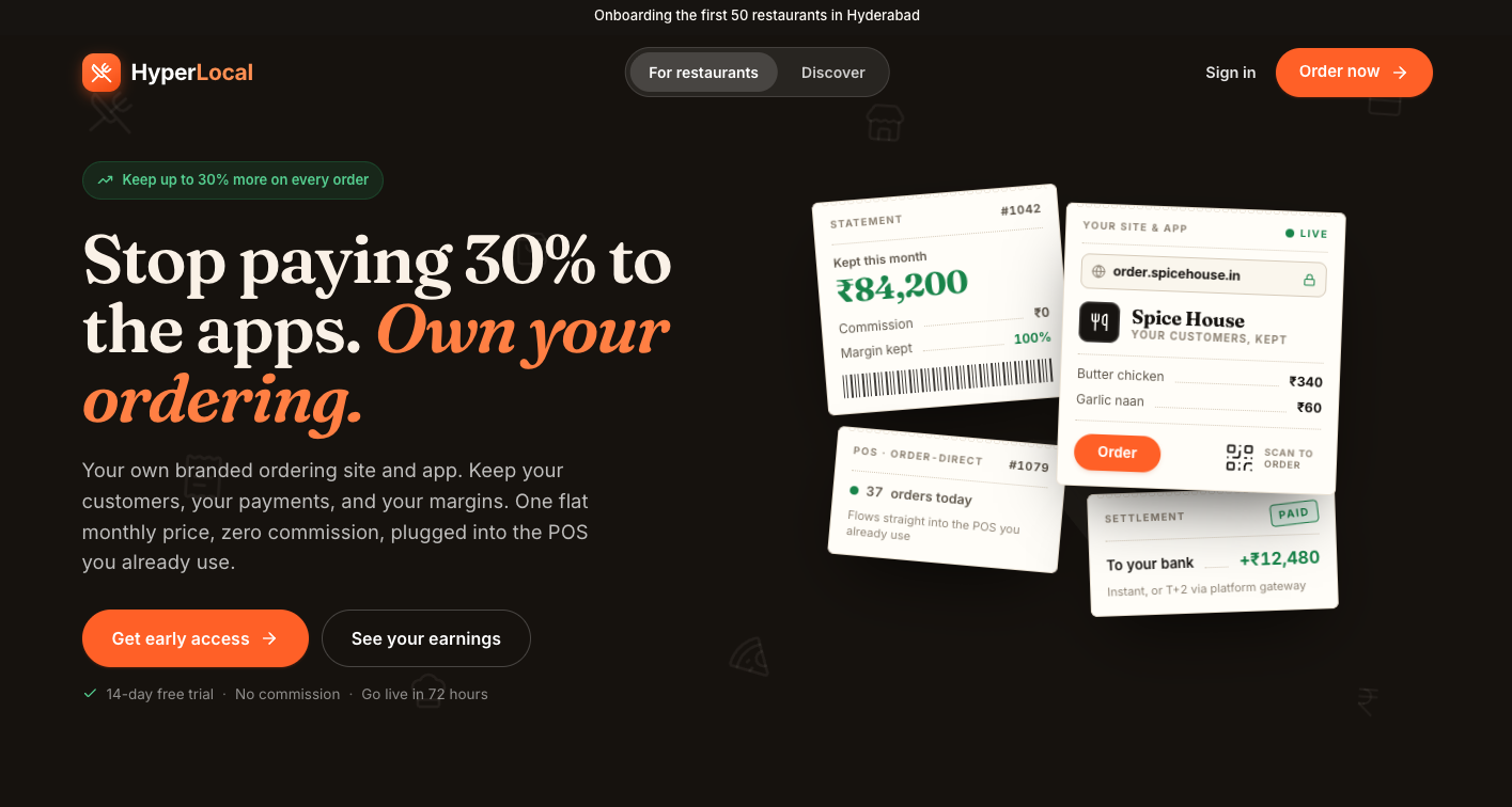 HyperLocal commission-free restaurant ordering
